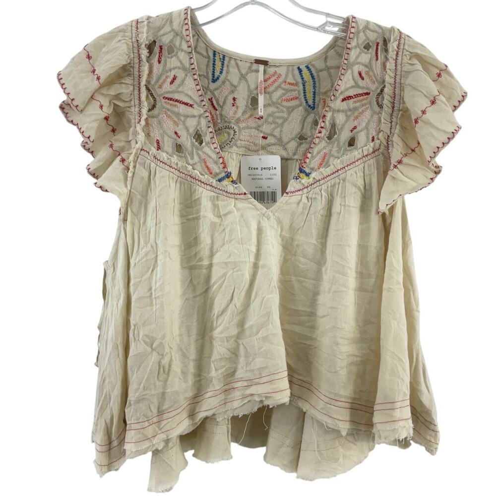 Free People Cream Embroidered Button Down Shirt